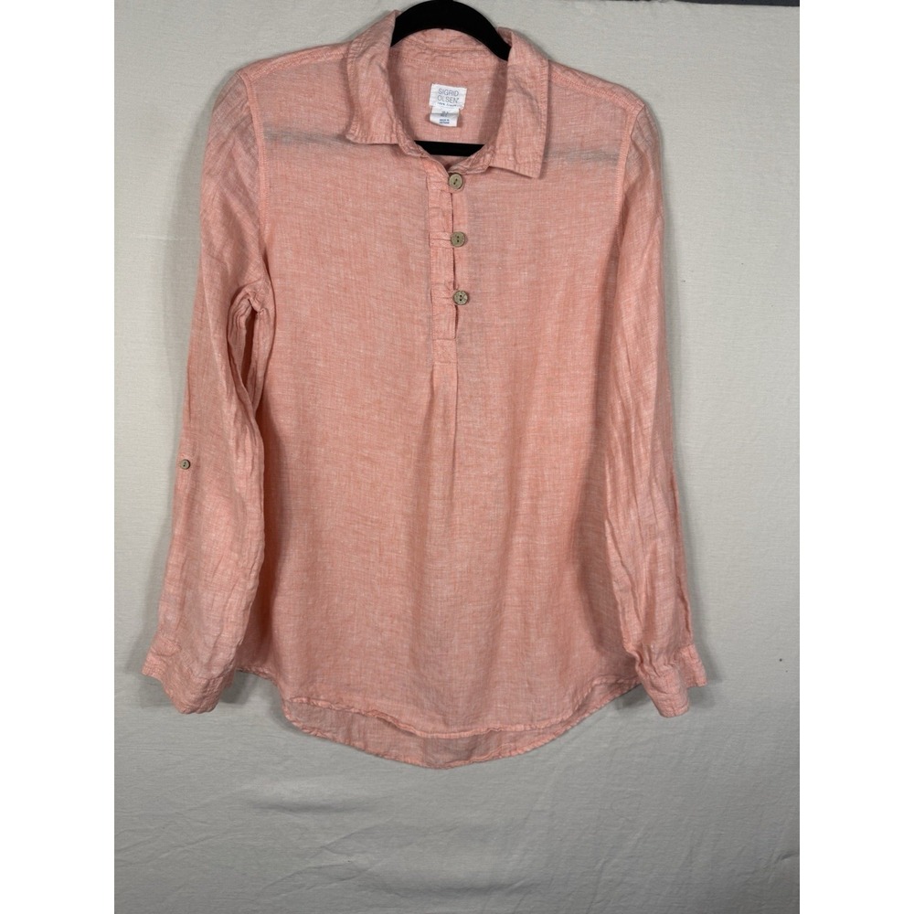 Sigrid Olsen Sz Small 100% Linen Tunic Pinkish Orange Long Roll Tab Sleeves